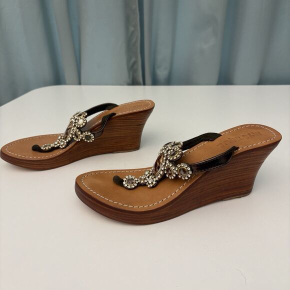 Wedge Thong Sandal Sz 8 Brown Leo Crystal Monique MobWives BarbieCorp‎ Embellish - Picture 2 of 7